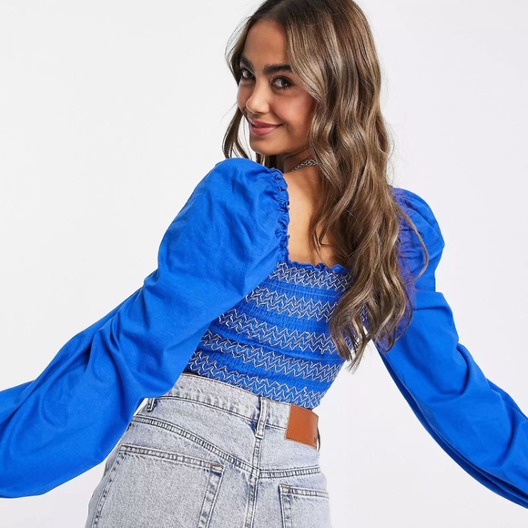 ASOS DESIGN volume sleeve top with contrast shirring in blue NWOT - Picture 3 of 6